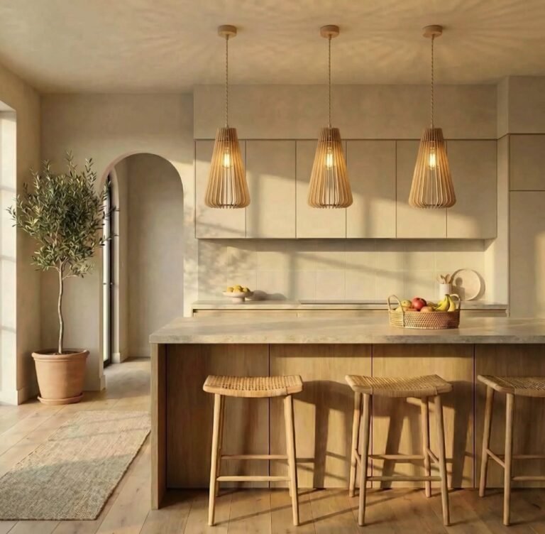 Cuisine avec îlot central et façades bois clair