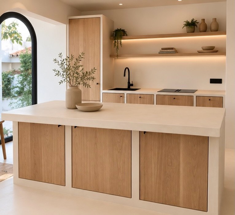Cuisine avec îlot en béton ciré et façades en chêne