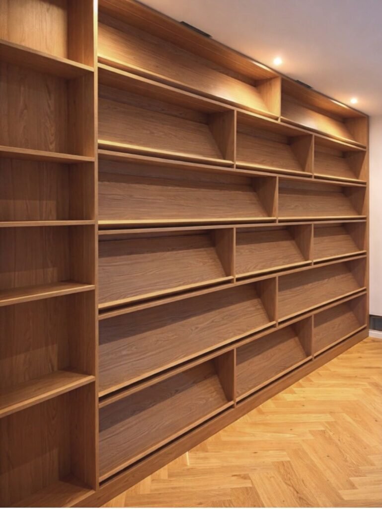 Mur bibliothèque en chêne éclairé