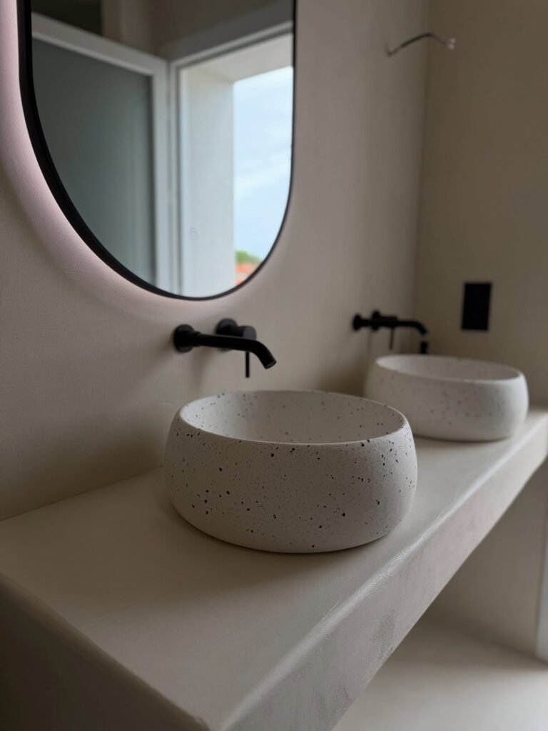 Salle de bain à double vasque sur plan en béton