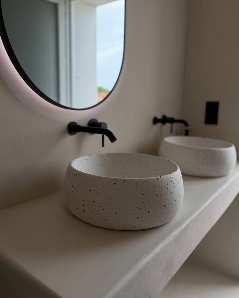 Salle de bain en béton ciré avec vasques en terrazzo — photo 3